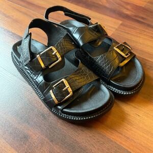 Unionbay Black Faux Croc Double Strap Platform Sandals Gold Buckle Womens